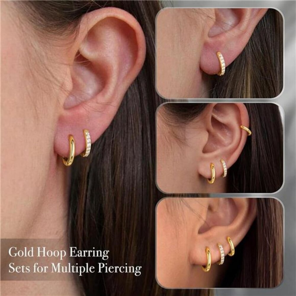 Small gold huggie hoop earrings set hypoallergenic 14k gold plated cartilage - Picture 6 of 7